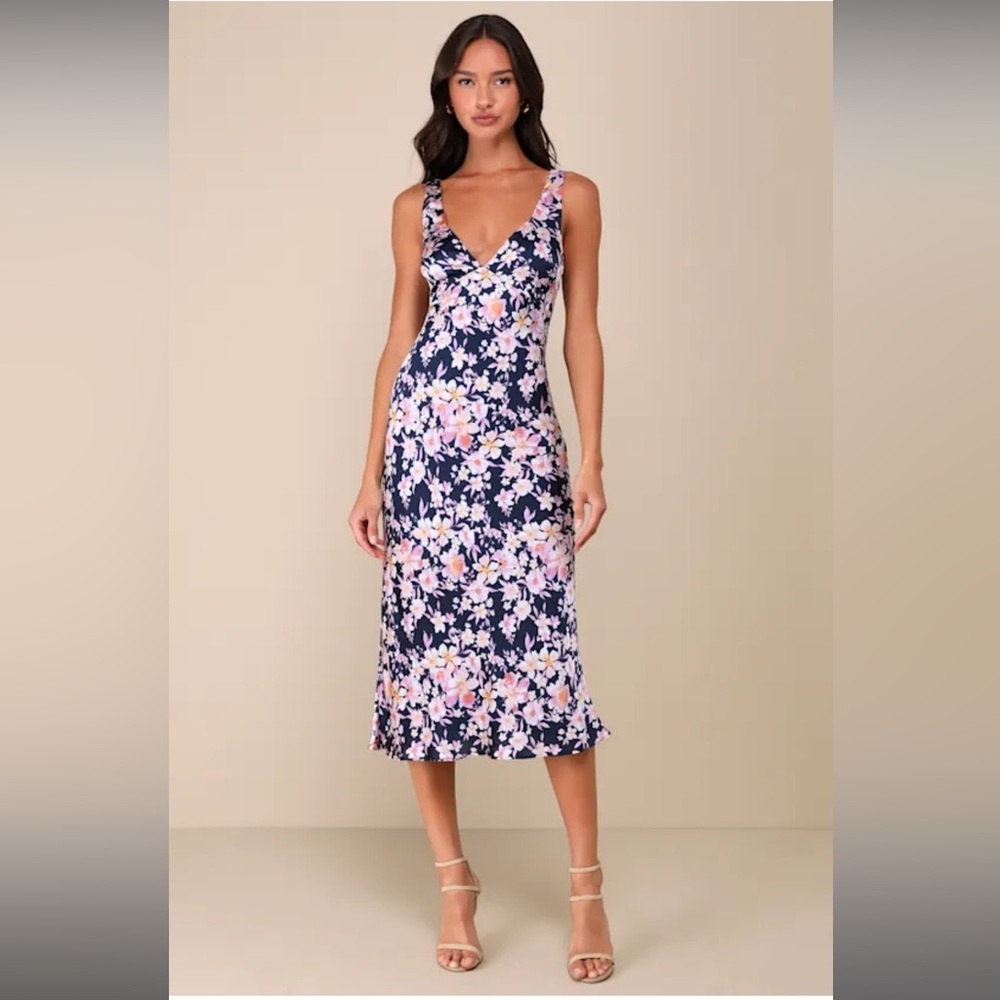 Lulu’s Admirable Charmer Navy Blue Floral Satin Tie-Back Midi Dress New